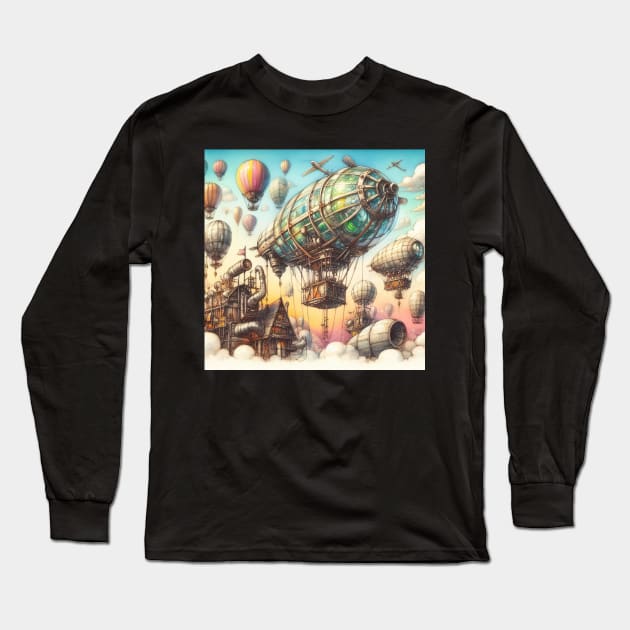 Fantasy Airship in JunkPunk Style Long Sleeve T-Shirt by WelshDesigns